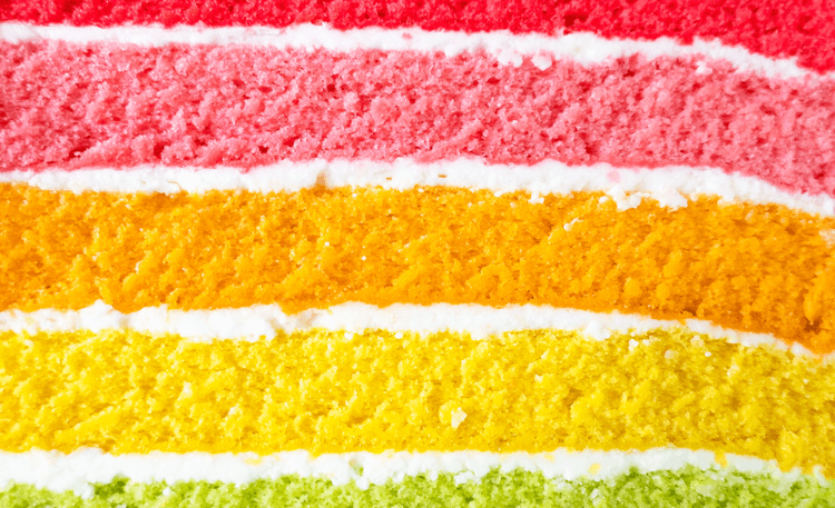 Closeup texture layer of Rainbow cake .Delicious rainbow cake